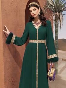 Al Najma Women's Colorblock V-Neck Raglan Sleeve Elegant Long Tunic Dress