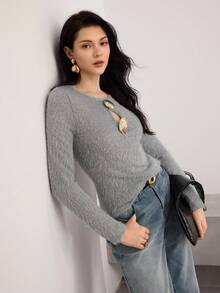 Heiryn Women's Solid Color Metal Buckle Decor Hollow Out Round Neck Long Sleeve T-Shirt - Grey - View 7
