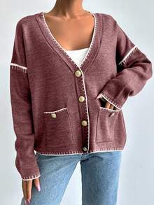 EURMUSE Women Solid Color Deep V-Neck Handmade Stitch Detailed Cardigan - Dusty Pink - View 5