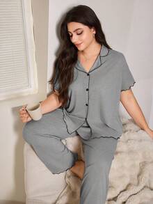 Lazeform Casual Loose Frill Trim Super Soft Drapey Lightweight Summer Knit Khaki Fabric Plus Size Frill Trim Short Sleeve Pants Set Curve Pajamas Set Button Up Pajama Set Lounge Wear Set Two Piece Sleepwear Set - Light Grey - View 4