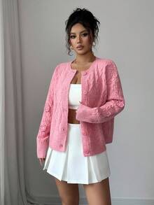 SHEIN Elenzya 女式纯色圆领长袖落肩前扣休闲针织开衫，带纹理饰边 - 粉色 - 查看 3