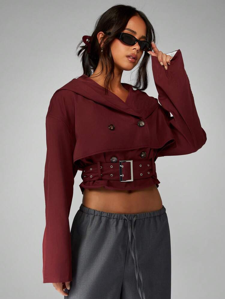 MISSGUIDED Double Breasted Hooded Trench Coat With Eyelet Belt Cropped Length Burgundy Fall Winter Fashion Statement Piece Outerwear Modern Contemporary Design