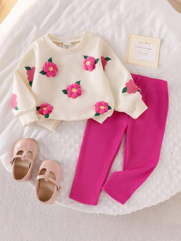 SHEIN Playful Pals Baby Mädchen Lässiger süßer Sweatshirt-Set, 3D gehäkelter Blume Muster Pullover und gestrickte Leggings, Herbst