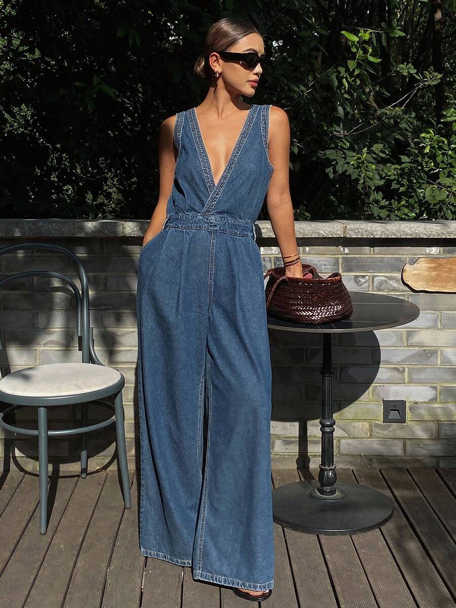 DAZY Women's V-Neck Casual Denim Bib Pants And Jumpsuit