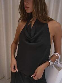 MUSERA Top sin mangas de cuello halter con espalda baja drapeada, elegante y sexy para salir, otoño, invierno, fiestas, vacaciones, primavera y verano - Negro - Ver 6