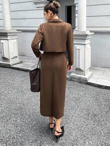 INAWLY Women's Solid Color Long Sleeve Zip-Up Jacket And Skirt Casual 2-Piece Set, Autumn - Brown - View 2