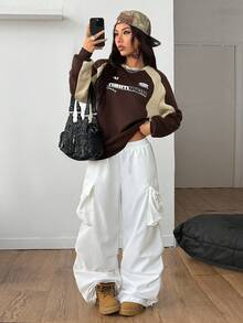 SHEIN Coolane 女式秋冬羊毛拼色宽松卫衣 - 咖啡棕 - 查看 2