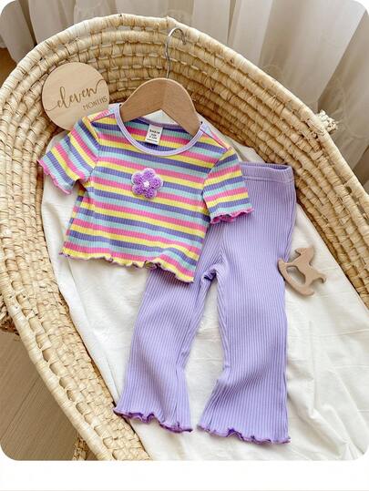 SHEIN Babygirl Cute Summer Casual Versatile Knitted Colorful Striped Short Sleeve Top & Elastic Waist Pants Set