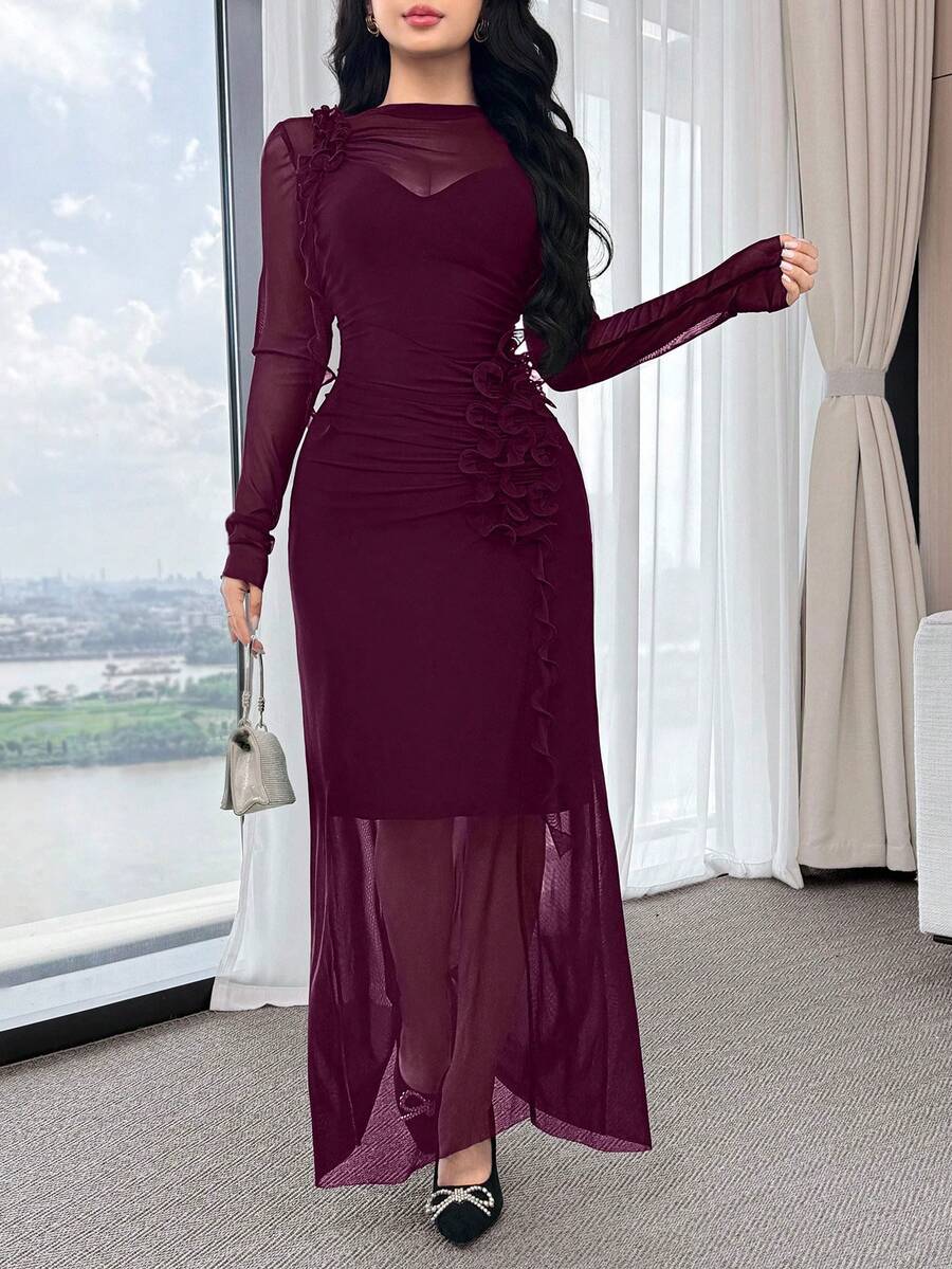 Feyla Elegant Women's Dress With 3D Ruffle Hem - Red Violet - View 1