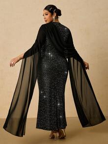 SHEIN VCAY Elegantes Chiffon-Wickelkleid in Große Größen, romantisches Partykleid, figurbetontes Langkleid für Frauen, geeignet für Silvester und Feiertage - Schwarz - Übersicht 2