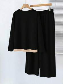 SHEIN LUNE Setelan Kasual Wanita Ukuran Besar Musim Gugur Lengan Panjang Kancing 2 In 1 Atasan dan Celana Panjang Lebar - MultiWarna - View 2