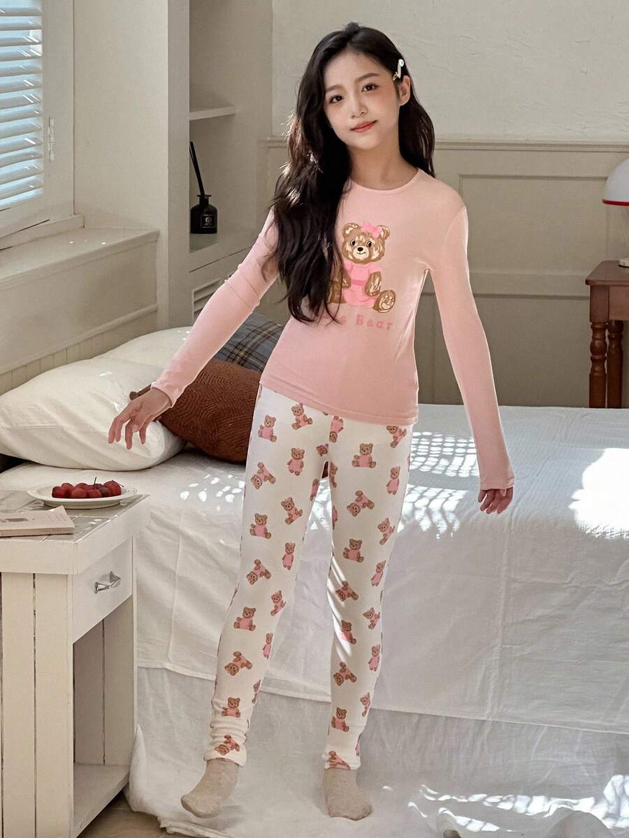 DAZY 2pcs Tween Girl Tween Girls Crew Neck Knit Printed T-Shirt + Pants Homewear Set, Fall - Pink - View 1