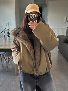 DAZY Abrigo acolchado con capucha de estilo casual y de calle, de manga larga y holgado, con cuello de piel de parchwork, para mujer, chaqueta de otoño/invierno - Verde - Ver 7