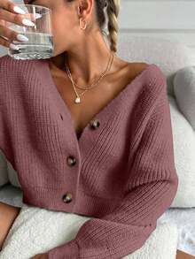 Women Solid Color Drop Shoulder Long Sleeve Single-Breasted Casual Loose Cardigan