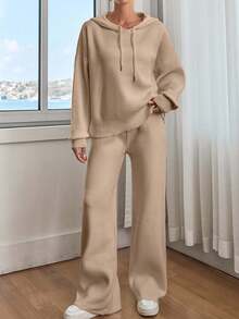 SHEIN Women Solid Color Drop Shoulder Hooded Pullover & Sweater Pants Set Linen