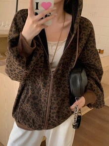 Livesso 女士宽松休闲豹纹拼接卫衣，带保暖内衬，时尚街头风，秋冬外套连帽衫 - 棕色 - 查看 9