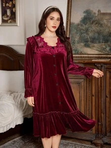 PalaceNights Plus Size Women's Vintage Velvet Nightgown, Palace Style Lace Patchwork Ruffle Trim Open Front Long Dress, Autumn/Winter Night Gown Women Plus Size Night Dress Plus Size Night Gown Plus Size Curve Velvet Dress For Women, Moo Moo Night Dress - Burgundy - View 5