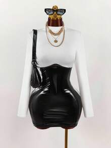 Amplova 女式拼色立领长袖 PU 皮革拼接修身时尚迷你连衣裙 - 黑與白 - 查看 4