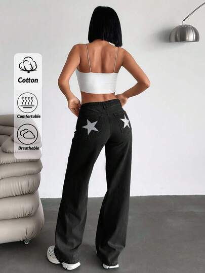 SHEIN PETITE Jeans casual da donna a gamba ampia con tasche e bottoni