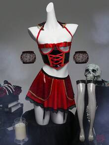 Fantasy Costume 万圣节女士服装内衣套装（包括钢圈文胸、丁字裤、迷你裙、2 双手套、2 双渔网袜），7 件 - 彩色 - 查看 3