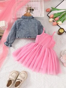SHEIN Baby Girl Autumn Denim Long Sleeve Jacket With Bow Decor And Mesh Hem Slip Dress Cute 2-Piece Set Fall Winter - Pink - View 2