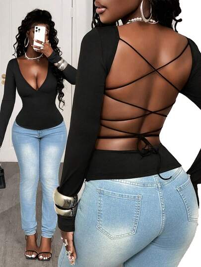 BamGleam 2025 Autumn New Sexy V-Neck Backless Design Long-Sleeved T-Shirt Club Holiday Party Clothing Women's Autumn Women's Clothing