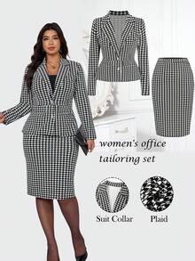Ellevyn 大码女式秋季千鸟格单排扣长袖夹克和铅笔裙优雅套装 - 黑與白 - 查看 3