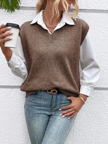 EMERY ROSE Women's Solid Color V-Neck Casual Versatile Knitted Vest, Autumn/Winter