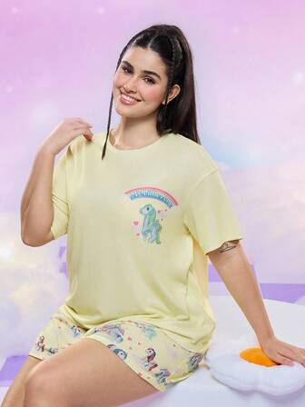 My Little Pony X SHEIN Plusstorlek Dam Sommar Casual Söt Tecknad Enhörning & Regnbåge Bokstäver Grafisk Lös Passform Nedsänkt Axel Kortärmad Topp Och Shorts Pyjamaset