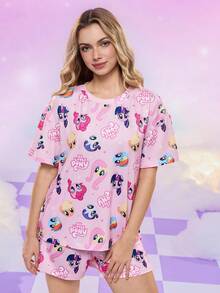My Little Pony X SHEIN Women's Cute Pony Print Short Sleeve T-Shirt And Shorts Pajama Set, Summer Cute Sleep Wear Women Kawaii Pajamas - Multicolor - View 4