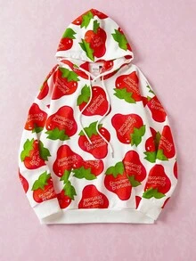 Strawberry Shortcake X SHEIN 男士休闲草莓和卡通图案落肩连帽衫，秋季 - 白色 - 查看 2