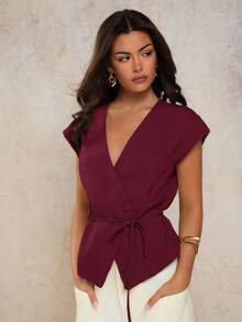 COSMINA Atasan Wanita Elegan Model V-Neck dengan Ikat Pinggang, Musim Semi/Panas, Warna Merah - Burgundy - View 3