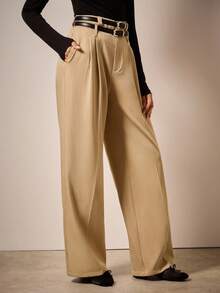 COSMINA Wide Leg Pants Women Solid Color Minimalist Casual Suit Pants,Khaki Color-Block Double Belt Pants Autumn Winter Clothes For Women
