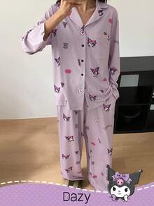 DAZY HELLO KITTY AND FRIENDS | SHEIN 女士可爱卡通字母印花拼接口袋长袖上衣和裤子宽松睡衣套装，春秋季，秋冬季服装 - 紫色 - 查看 5
