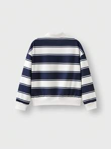 JNSQ Tween Boy Striped & Letter Print Polo Neck Pullover Sweatshirt, Suitable For Autumn/Winter Daily Wear, Outdoor Activities, Vacation, Streetwear, Party And Casual
