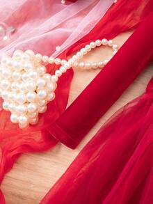 Vestido elegante y lindo de manga larga con malla y sombrero para bebé niña - Rojo - Ver 8