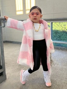 SHEIN Young Girl's Fashionable Plaid Street Style Jacket, Autumn/Winter Fall - Pink - View 3