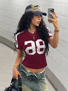 StreetHx Women's Navy Blue Numeric Print Streetwear Short Sleeve T-Shirt, Spring/Summer