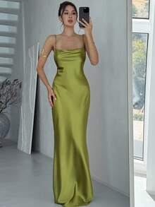 Aloruh 女士优雅结背无袖鱼尾裙，简约纯色，适合派对和夏季 - 橄欖綠 - 查看 8