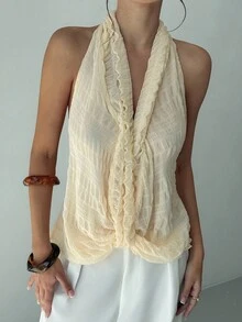 Aloruh Top estivo elegante da donna con scollo all'americana e schiena scoperta, giallo pallido, per brunch e vacanze, stile western boho gyaru, streetwear tropicale per concerti, rave e festival - Albicocca - Visualizzare 2