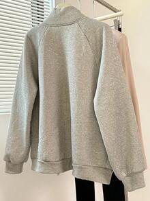 INAWLY 女士加厚仿羊羔绒运动衫夹克，刺绣骏马图案，百搭休闲立领拉链运动衫 - 灰色 - 查看 2