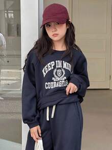 DAZY 2件套少女圆领针织插肩袖抓绒卫衣和裤子套装，秋冬季 - 藏蓝色 - 查看 5