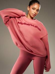 MISSGUIDED 毛巾贴花经典圆领运动衫超大冬季套头衫休闲家居服街头服饰长袖落肩运动休闲 - 玫紅色 - 查看 7