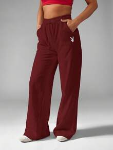 Missguided x Playboy 品牌超大阔腿慢跑裤高腰宽松休闲裤带抽绳休闲舒适秋冬街头服饰 - 酒紅色 - 查看 6