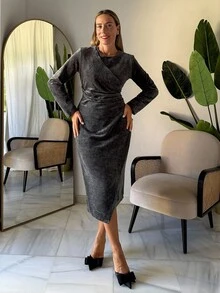 Livesso Women's Round Neck Cinched Waist Pleated Long Sleeve Midi Dress