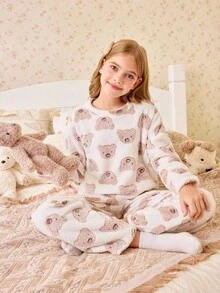 SHEIN 女童可爱熊羊毛睡衣套装