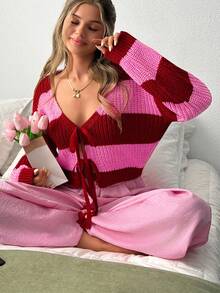 EURMUSE Áo len cardigan cổ chữ V kẻ sọc rộng in họa tiết Back To School có dây buộc phía trước và chi tiết thả vai - Hồng - Xem 2