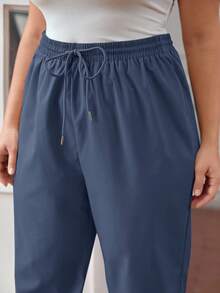 SHEIN PETITE CURVE Plus Size Drawstring Waist Pants, Jogger Pants, Loose Fit/Winter - Blue - View 3