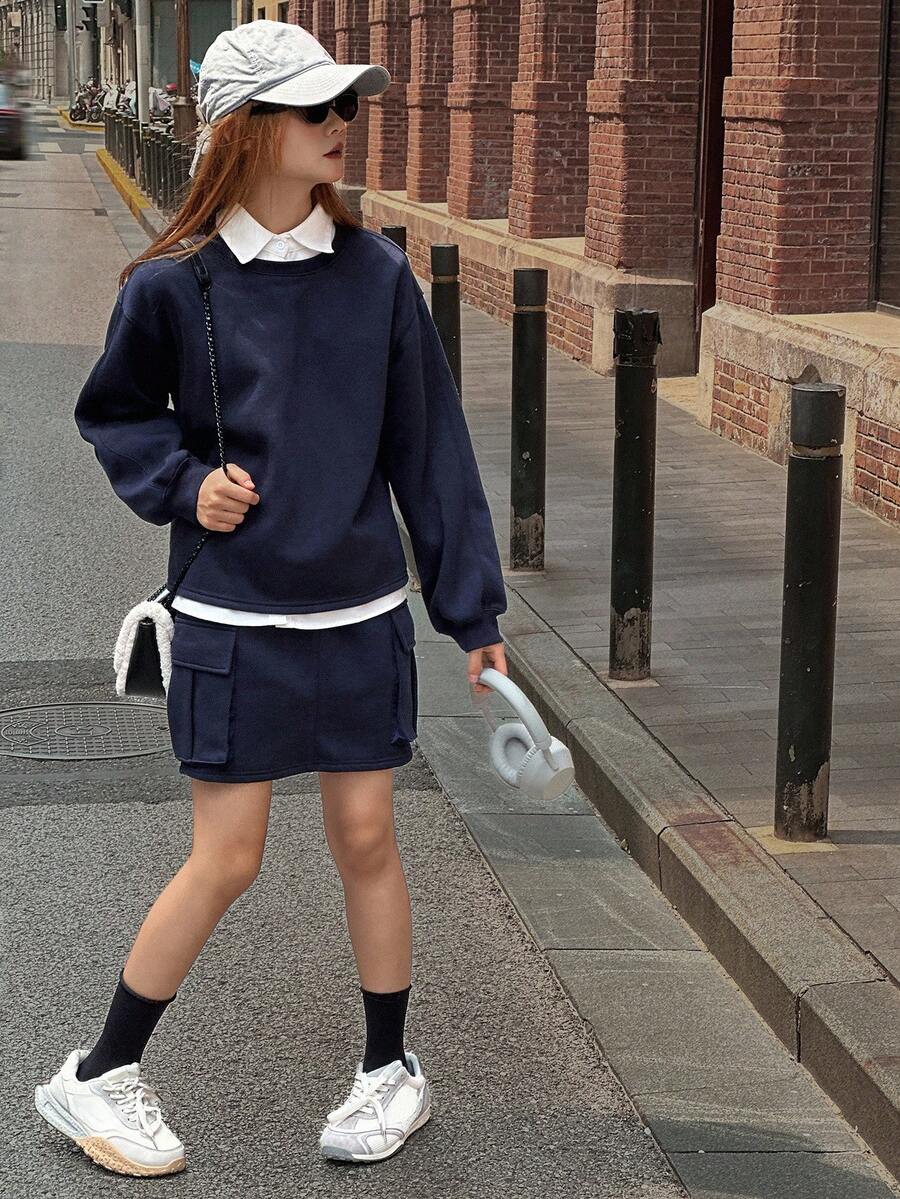 DAZY Youth (Girls) Fleece Sweatshirt Set, Loose Fit, Cargo Pockets, Casual College Style, Autumn - Navy Blue - View 1