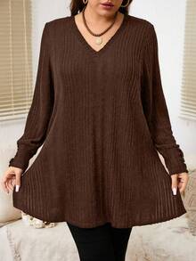 EMERY ROSE Plus Size Casual Solid Color Side Slit T-Shirt, Autumn Fall - Brown - View 4